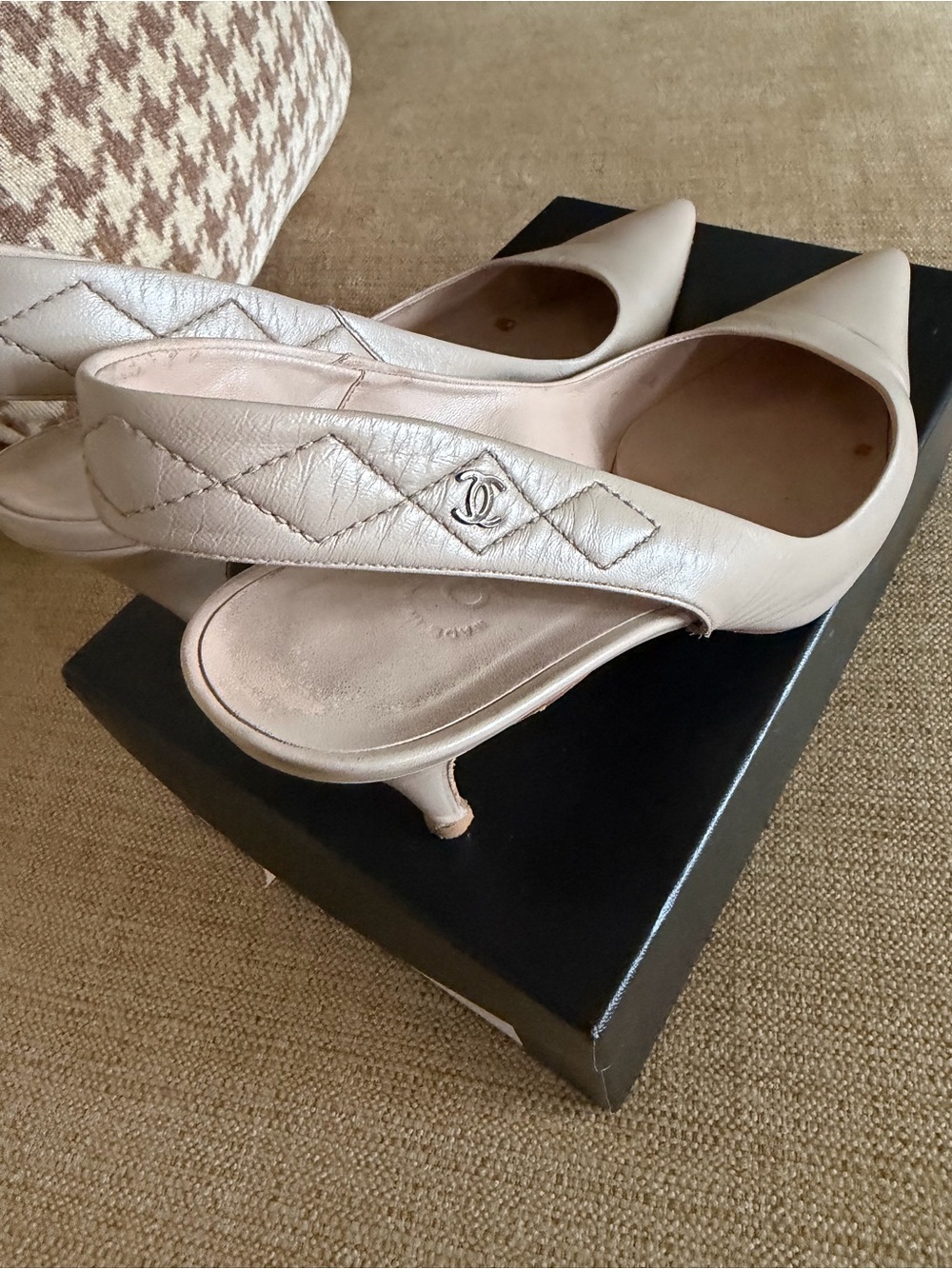 Chanel Beige Leather Pointed-Toe Slingback Pumps